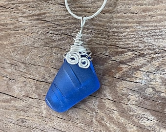 Handmade Sea Glass Necklace : Blue genuine Beach glass pendant, Buzzard’s Bay Jewelry