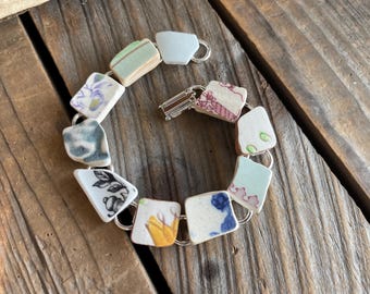 Sea Pottery Bracelet : Handmade 20th Anniversary Gift, Silver-Plated Beach China Jewelry