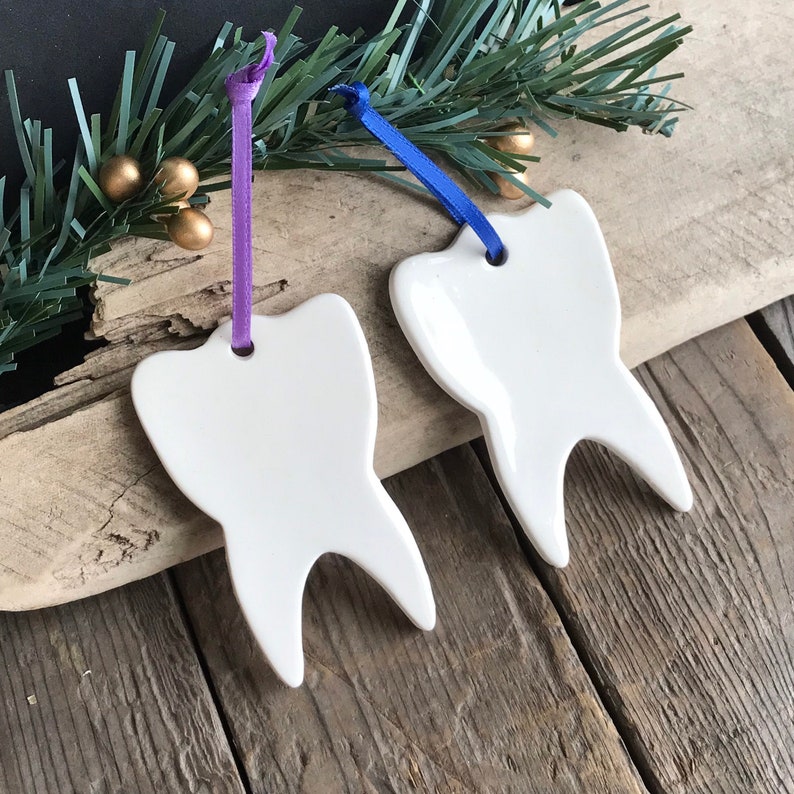 May include: Two white ceramic tooth-shaped ornaments with smooth, glossy surfaces. One ornament features a purple ribbon loop for hanging, while the other features a blue ribbon loop. The ornaments are shaped like molars with two distinct roots.