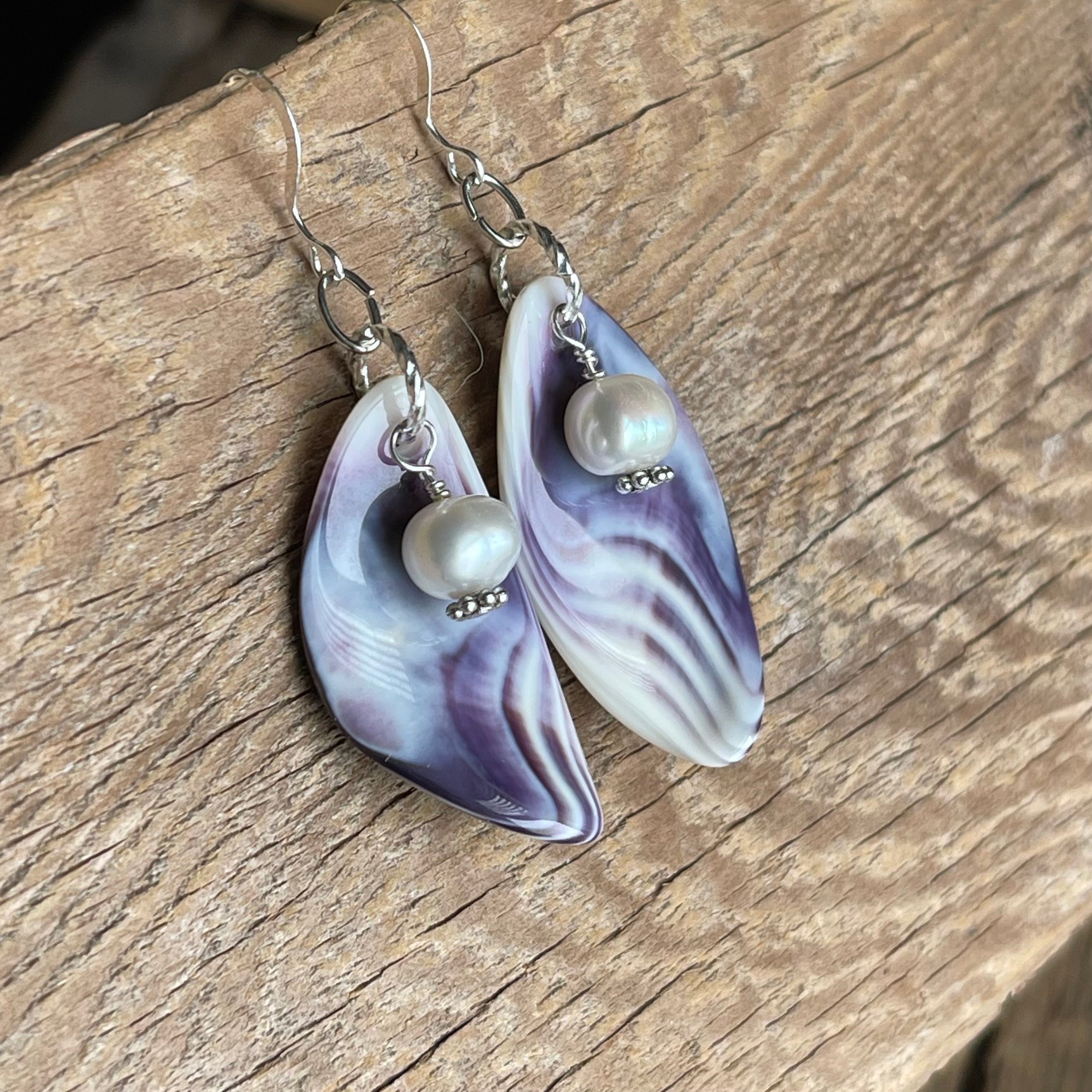 Wampum Earrings, 925 Silver, Polished Wampum Jewelry