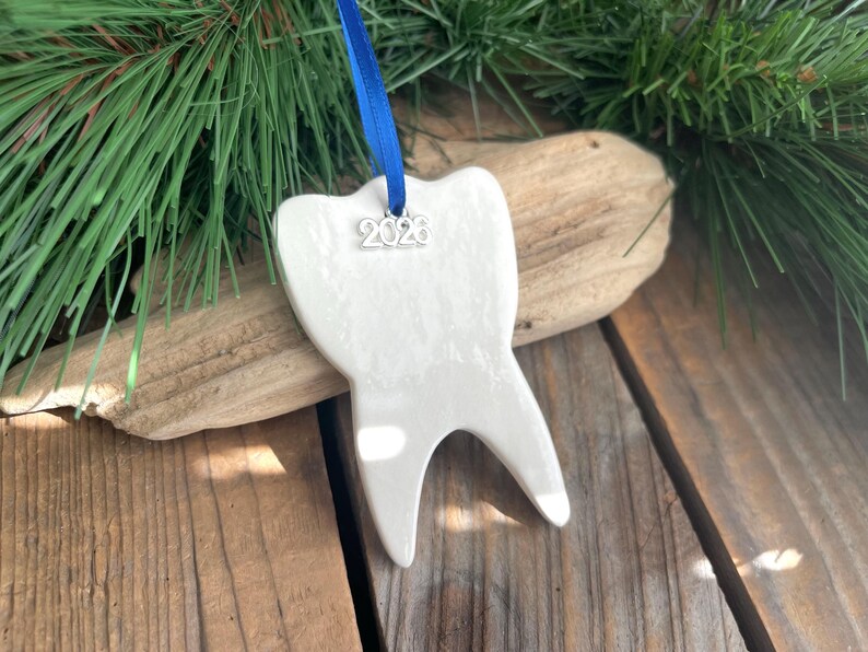 May include: A white ceramic tooth-shaped ornament with a glossy finish, suspended by a bright blue ribbon. A small silver-toned metal charm featuring the year 2026 is attached to the ribbon loop at the top of the tooth-shaped ornament.