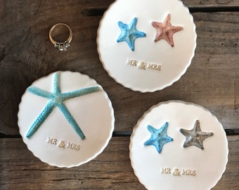 Starfish Ring Dish, Mr & Mrs Ring Dish, Starfish ring bowl, small Beach wedding gift, Wedding Ring Holder, small wedding gift,