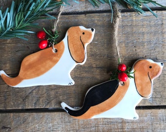 Basset Hound Dog Ornament, Handmade Pottery, 2026 Beagle Ornaments, New Puppy Gift
