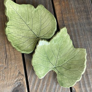 May include: Two ceramic dishes shaped like green leaves with detailed, dark veining and a glossy finish. The dishes have irregular, scalloped edges and a realistic texture that mimics the appearance of natural foliage in a light green hue.