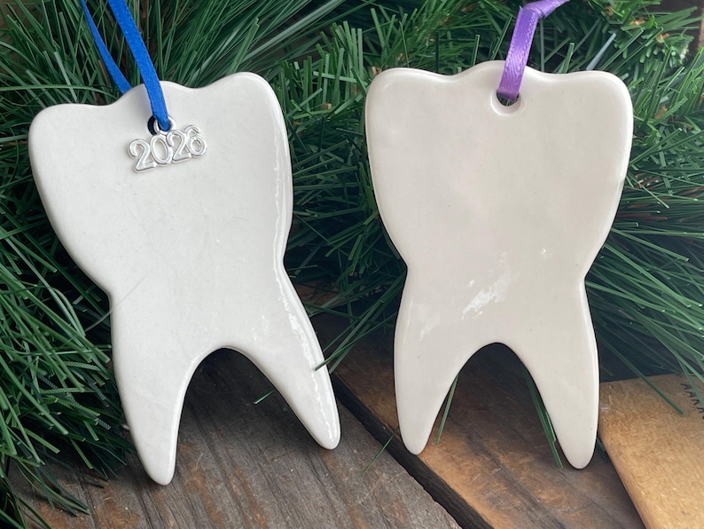 May include: Two white ceramic tooth-shaped ornaments. One ornament features a blue ribbon and a silver charm with the text 2026. The other ornament features a purple ribbon. Both items have a smooth, glossy finish and a two-pronged base.