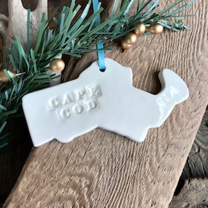 Handmade Massachusetts Ornament, Ceramic Cape Cod Souvenir, 2025 Christmas Ornaments, eco-friendly, Custom Year Option, wedding favors