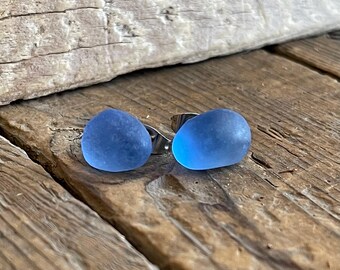 Blue Sea Glass Studs : Sterling Silver-Plated earrings, 3rd anniversary gift, Handmade Beach Glass Jewelry
