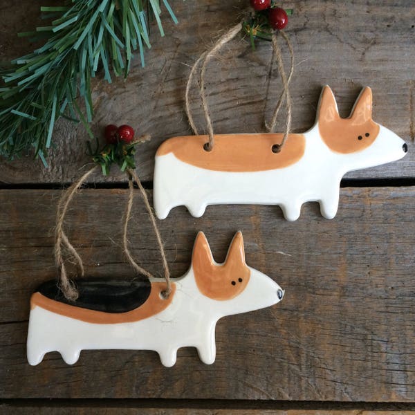 Dog Ornament, Corgi Dog Ornament, Welsh Corgi Ornament, Handmade pottery Dog Ornament, Red and White Corgi ornament, tri color corgi gift