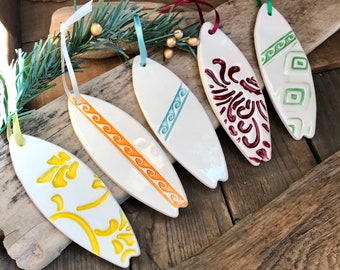 Surfboard Ornament, Ceramic, 2024 Surfer Ornament, eco-friendly, Surfboarder Ornament, Hawaii Surfboard Ornament, California Ornament