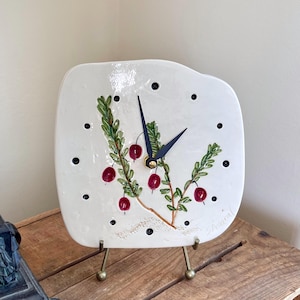 Cranberry vine wall Clock, Handmade, Pressed Botanical Ceramic desk Clock, Cape Cod décor, Bogs-Inspired Art, Cranberry Farmer Grower Gifts