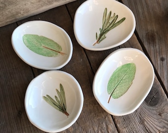 Sage Bowl, herb teaspoon rest, Pressed herb pottery, tea rest, Rosemary dish, Dipping bowls, eco-friendly, herb pottery dish, botanical art