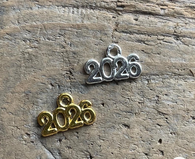 May include: Two metal charms shaped as the number 2026, one in a silver tone and one in a gold tone. Each charm features a small circular loop at the top for attachment, with the digits clearly formed in a continuous, raised metallic script style.
