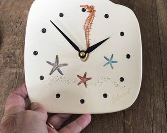 Seashell Clock, Ceramic Starfish clock, Seahorse Clock, Coastal Clock, Beach house Clock, Beach wedding gift, clocks with shells