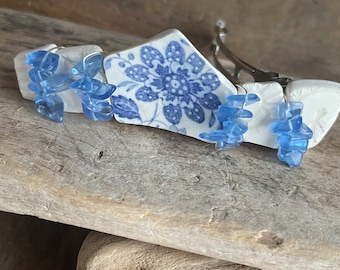 Blue Sea Pottery barrette, Vintage pottery barrette, Sea Glass Barrette, sea pottery jewelry, sea china barrette, beachy barrette