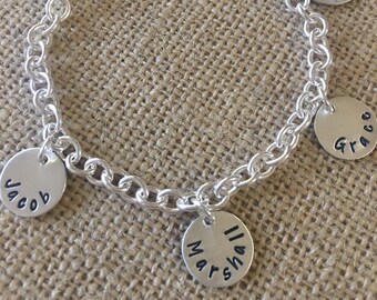 Hand Stamped Sterling Silver Charm Bracelet Personalized For Mom, Charm Bracelet For Family With Kids Names, Mothers Name Charm Bracelet