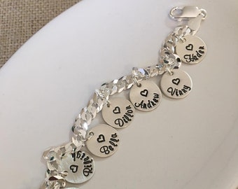 Sterling Silver Charm Bracelet Personalized For Mom, Sterling Charm Bracelet For Mom With Kids Names, Mothers Day Name Charm Bracelet