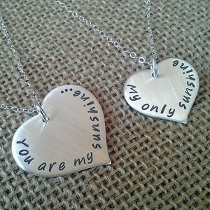 Sterling Silver Mother Daughter Necklace, You Are My Sunshine My Only Sunshine, Sterling Silver Heart Necklace Set for Mother and Daughter