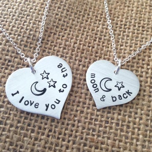 adonpshy Valentines Day Wedding Anniversary Jewelry 2Pcs I Love You to The Moon and Back Mother Daughter Heart Necklace Pendant Gift Gift for Women Kids Child Necklace