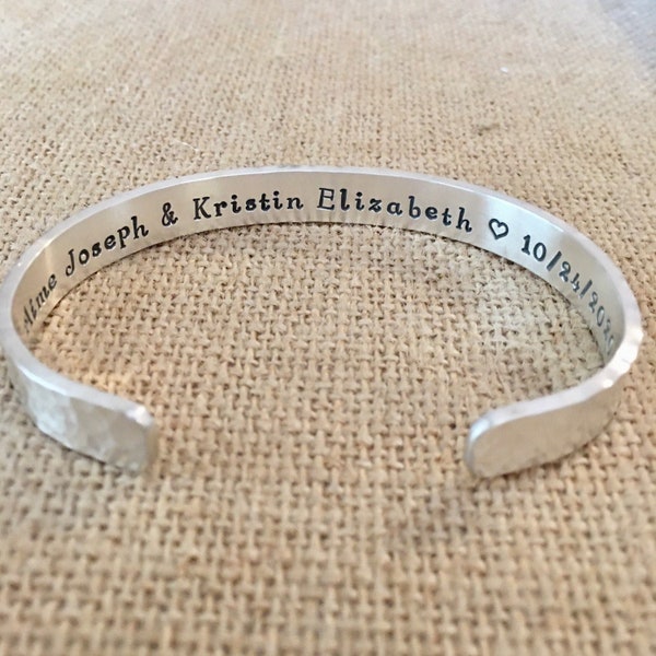 Wedding Bracelet Sterling Silver for Bride.  Mother of the Bride Or Groom Thick Custom Cuff, Custom Cuff Anniversary Name And Date