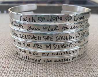 Mother Daughter Bracelet, Hand Stamped Sterling Silver Bracelet, Personalized Grandma Cuff, Inspirational Saying Bracelet