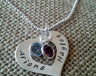 Mom Silver Heart Necklace With Kids Names , Grandma Birthstone Necklace, Custom Heart Washer Necklace, Stamped Evermore