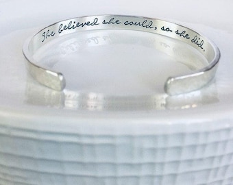 Personalized Sterling Silver Cuff Bracelet, Inspirational Quote, Custom Stamped