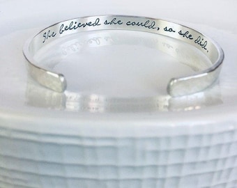 Graduation Bracelet Gift, Sterling Graduation Jewelry, Inspirational Bracelet, She Believed She Could So She Did Silver Cuff Bracelet