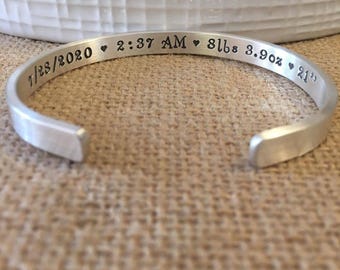 Custom Birth Stats Sterling Silver Cuff Bracelet, New Mom Gift