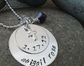 Hand Stamped Mom Necklace, Personalized Confirmation Necklace, with Swarovski Crystal Birthstone