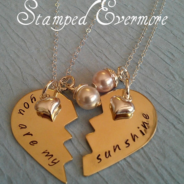 Broken Heart Best Friends, or Mother, Daughter Necklace with Swarvoski Pearls and Silver Heart Charm