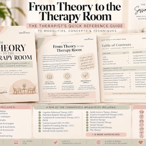 Op de afbeelding: Een digitale naslaggids van 67 pagina's getiteld From Theory to the Therapy Room, met een omslag, welkomstpagina en inhoudsopgave. Het document bevat lijsten met therapeutische modaliteiten, klinische concepten en technieken.
