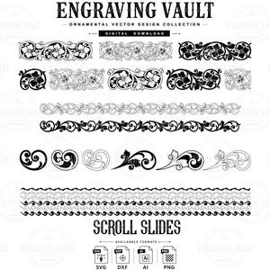 Pode incluir: Uma coleção de download digital intitulada ENGRAVING VAULT com designs vetoriais ornamentais em preto e branco. O conjunto inclui várias bordas de volutas florais, ornamentos decorativos e padrões de ondas, com ícones de formato de arquivo.