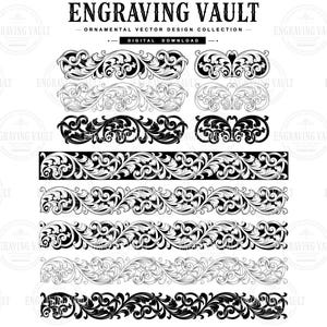 Pode incluir: Uma coleção digital de designs vetoriais ornamentais em preto e branco intitulada ENGRAVING VAULT. A imagem apresenta vários padrões de volutas, incluindo bordas horizontais e ornamentos decorativos, como um arquivo para download digital.