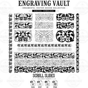 Könnte beinhalten: Eine digitale Sammlung von schwarz-weißen ornamentalen Vektordesigns mit dem Titel ENGRAVING VAULT SCROLL SLIDES. Das Bild zeigt verschiedene Schnörkelmuster, Ränder und Verzierungen in Reihen angeordnet, mit Dateiformat-Symbolen für SVG, DXF, AI und PNG.