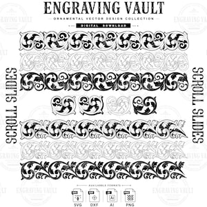 Op de afbeelding: Een digitale collectie van zwart-witte ornamentale krulontwerpen getiteld ENGRAVING VAULT. De afbeelding toont diverse herhalende krulpatronen en individuele motieven in zowel effen zwart als omtreklijnen, met bestandsformaat-iconen voor SVG, DXF, AI en PNG.