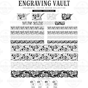 May include: A digital download collection titled ENGRAVING VAULT ORNAMENTAL VECTOR DESIGN COLLECTION featuring various black and white scrollwork patterns, corner flourishes, and decorative borders in SVG, DXF, AI, and PNG file formats.