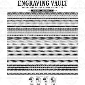 May include: A digital collection of ornamental vector border designs titled ENGRAVING VAULT. The image displays ten distinct horizontal black and white patterns featuring geometric, floral, and scroll motifs, with file format icons for SVG, DXF, AI, and PNG.