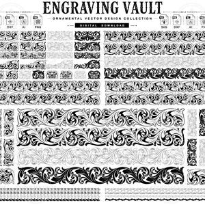 May include: A digital download collection titled ENGRAVING VAULT featuring an array of black and white ornamental vector designs. The set includes various scrollwork borders, corner flourishes, and repeating patterns in SVG, DXF, AI, and PNG formats.