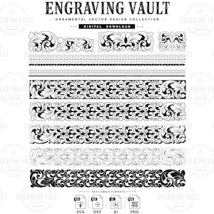 May include: A digital collection of black and white ornamental vector designs titled ENGRAVING VAULT. The set includes various scrollwork borders, corner elements, and linear patterns, with file format icons for SVG, DXF, AI, and PNG at the bottom.