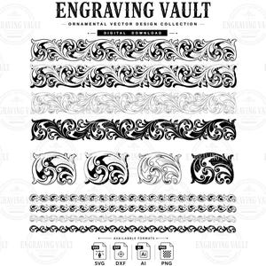 May include: A digital download collection titled ENGRAVING VAULT ORNAMENTAL VECTOR DESIGN COLLECTION featuring black and white scrollwork patterns, including four horizontal border strips and four individual floral motifs in various line weights.