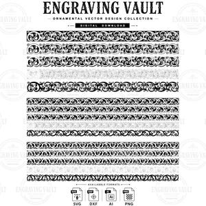 Puede incluir: Una colección digital de diseños de bordes vectoriales ornamentales en blanco y negro etiquetados como ENGRAVING VAULT. La imagen muestra múltiples patrones de volutas horizontales de densidades variadas, con iconos de formato SVG, DXF, AI y PNG abajo.