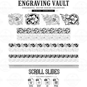 May include: A digital collection titled ENGRAVING VAULT ORNAMENTAL VECTOR DESIGN COLLECTION featuring black and white floral scroll motifs, decorative borders, and scroll slides. Includes SVG, DXF, AI, and PNG file format icons at the bottom.