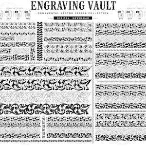 May include: A digital download collection titled ENGRAVING VAULT ORNAMENTAL VECTOR DESIGN COLLECTION SCROLL SLIDES. The image displays numerous black and white intricate scrollwork border patterns and decorative flourishes in various styles.