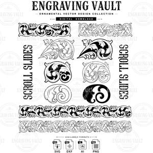 Pode incluir: Uma coleção digital de designs vetoriais ornamentais em preto e branco intitulada ENGRAVING VAULT. O conjunto inclui vários padrões de volutas, elementos de filigrana e motivos de borda em estilos sólidos e contornados, com ícones de formato.