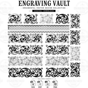 May include: A digital collection of black and white ornamental vector designs titled ENGRAVING VAULT. The set includes various scrollwork patterns, decorative borders, and flourishes in SVG, DXF, AI, and PNG formats for graphic design projects.