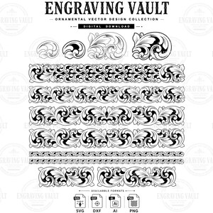 Könnte beinhalten: Eine digitale Download-Sammlung mit dem Titel ENGRAVING VAULT mit schwarz-weißen ornamentalen Vektordesigns. Das Set enthält verschiedene Schnörkelmuster, florale Bordüren und dekorative Verzierungen in den Formaten SVG, DXF, AI und PNG.