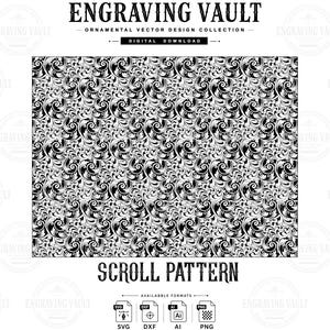 Op de afbeelding: Een zwart-witte digitale afbeelding met een dicht, herhalend krulpatroon. De tekst luidt ENGRAVING VAULT, ORNAMENTAL VECTOR DESIGN COLLECTION, DIGITAL DOWNLOAD, SCROLL PATTERN, en toont de bestandsformaten SVG, DXF, AI en PNG.