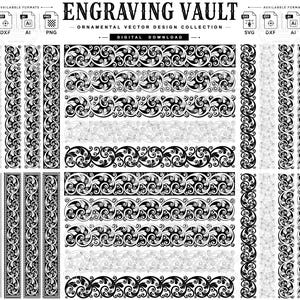 以下が含まれることがあります： ENGRAVING VAULTと題された装飾的なベクターデザインのデジタルコレクション。画像には、垂直および水平方向の様々な白黒のスクロールワークボーダーパターンが表示されており、SVG、DXF、AI、PNGのファイル形式アイコンが含まれています。