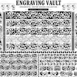 Pode incluir: Uma coleção digital intitulada ENGRAVING VAULT apresentando designs vetoriais ornamentais em preto e branco. O conjunto inclui várias bordas de volutas, padrões de filigrana e motivos de canto em formatos de arquivo SVG, DXF, AI e PNG.