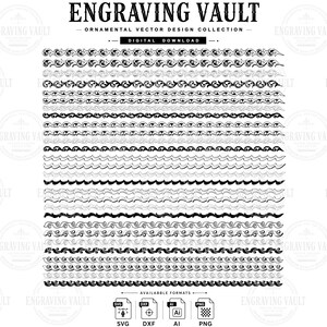 May include: A digital collection of black and white ornamental border designs labeled ENGRAVING VAULT. The image displays multiple rows of repeating wave-like patterns and scrollwork motifs, with file format icons for SVG, DXF, AI, and PNG at the bottom.